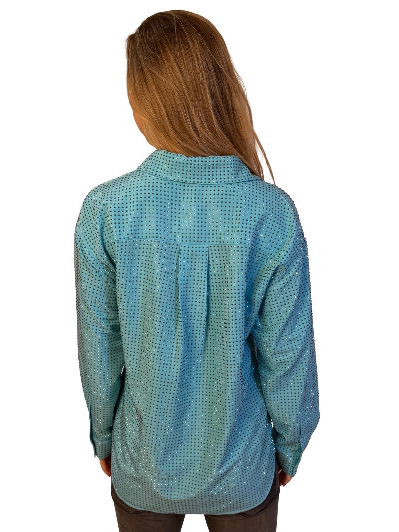 Self Portrait Blue Crystal Embellished Taffeta Oversized Shirt. Size: 8