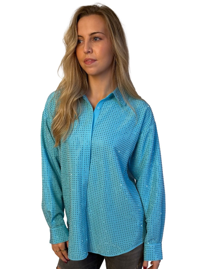 Self Portrait Blue Crystal Embellished Taffeta Oversized Shirt. Size: 8