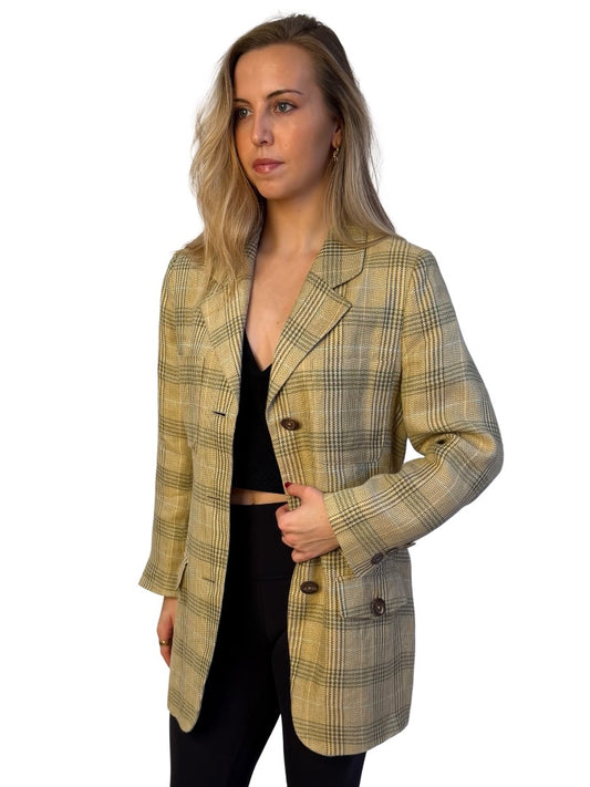 Sonia Bogner Mustard Plaid Linen Blazer. Size: 14