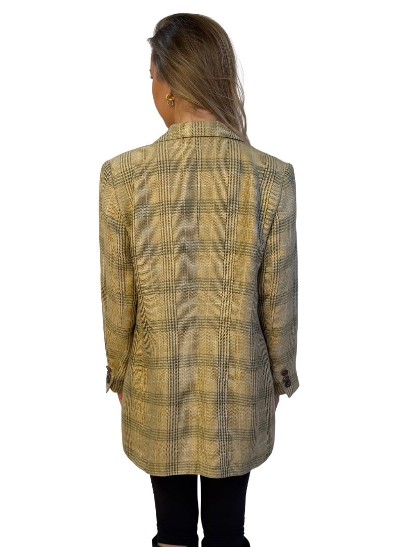 Sonia Bogner Mustard Plaid Linen Blazer. Size: 14