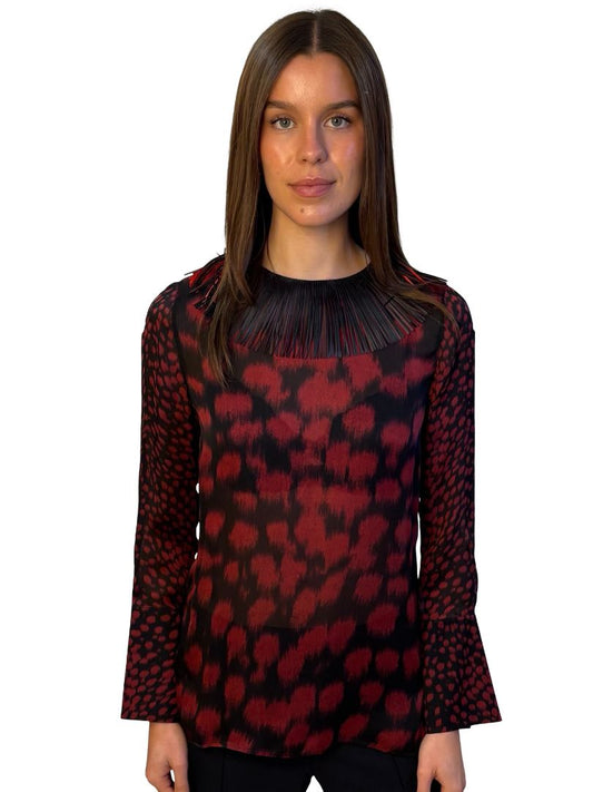 Akris Black / Red Print Blouse w/ Strip Trim Neck. Size: M