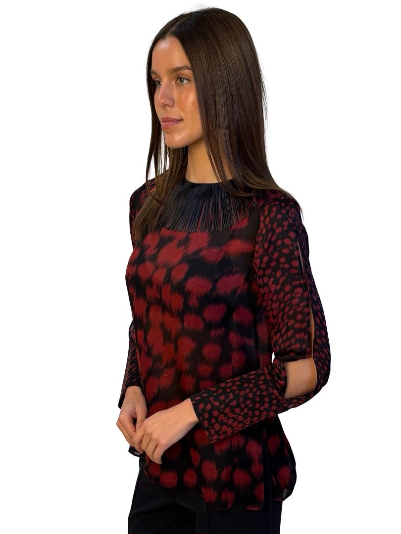 Akris Black / Red Print Blouse w/ Strip Trim Neck. Size: M
