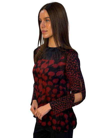 Akris Black / Red Print Blouse w/ Strip Trim Neck. Size: M