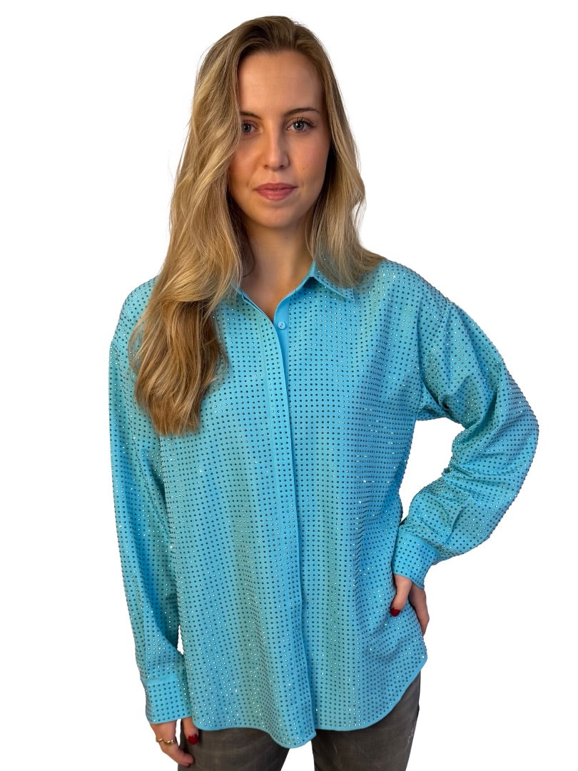 Self Portrait Blue Crystal Embellished Taffeta Oversized Shirt. Size: 8