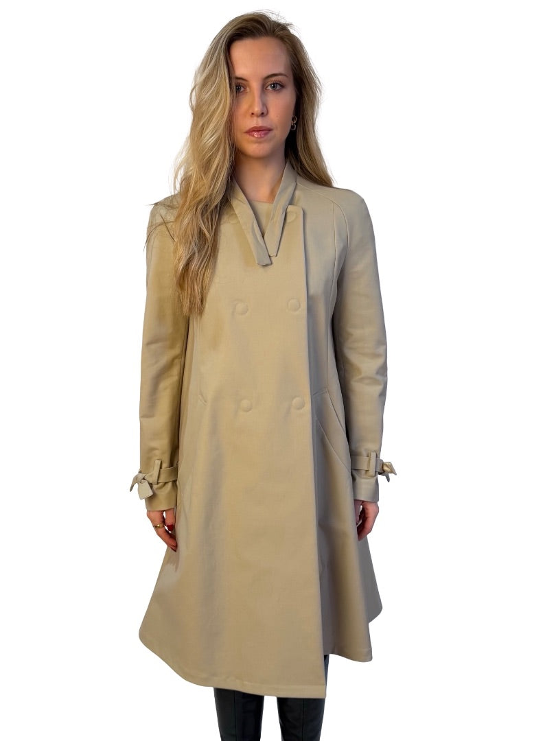 Giorgio Armani Beige Collarless Double Breasted Trench Coat W Sheer Metallic Back Overlay. Size: 44