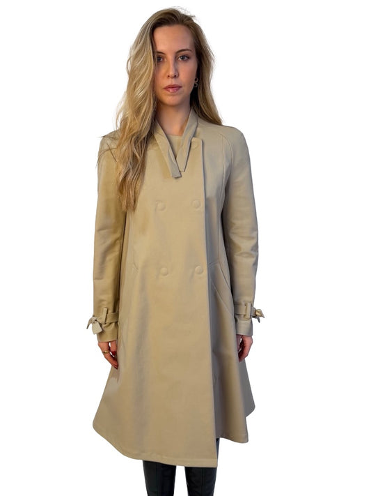 Giorgio Armani Beige Collarless Double Breasted Trench Coat W Sheer Metallic Back Overlay. Size: 44