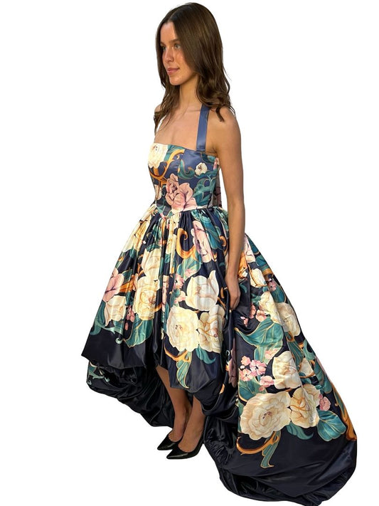 Leo Lin Blue 'Leanna' Gown in Adorn Virtue Print. Size: 8