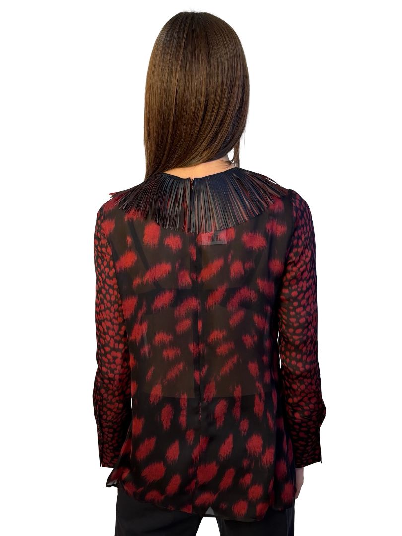Akris Black / Red Print Blouse w/ Strip Trim Neck. Size: M