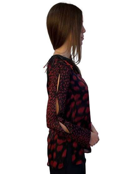 Akris Black / Red Print Blouse w/ Strip Trim Neck. Size: M