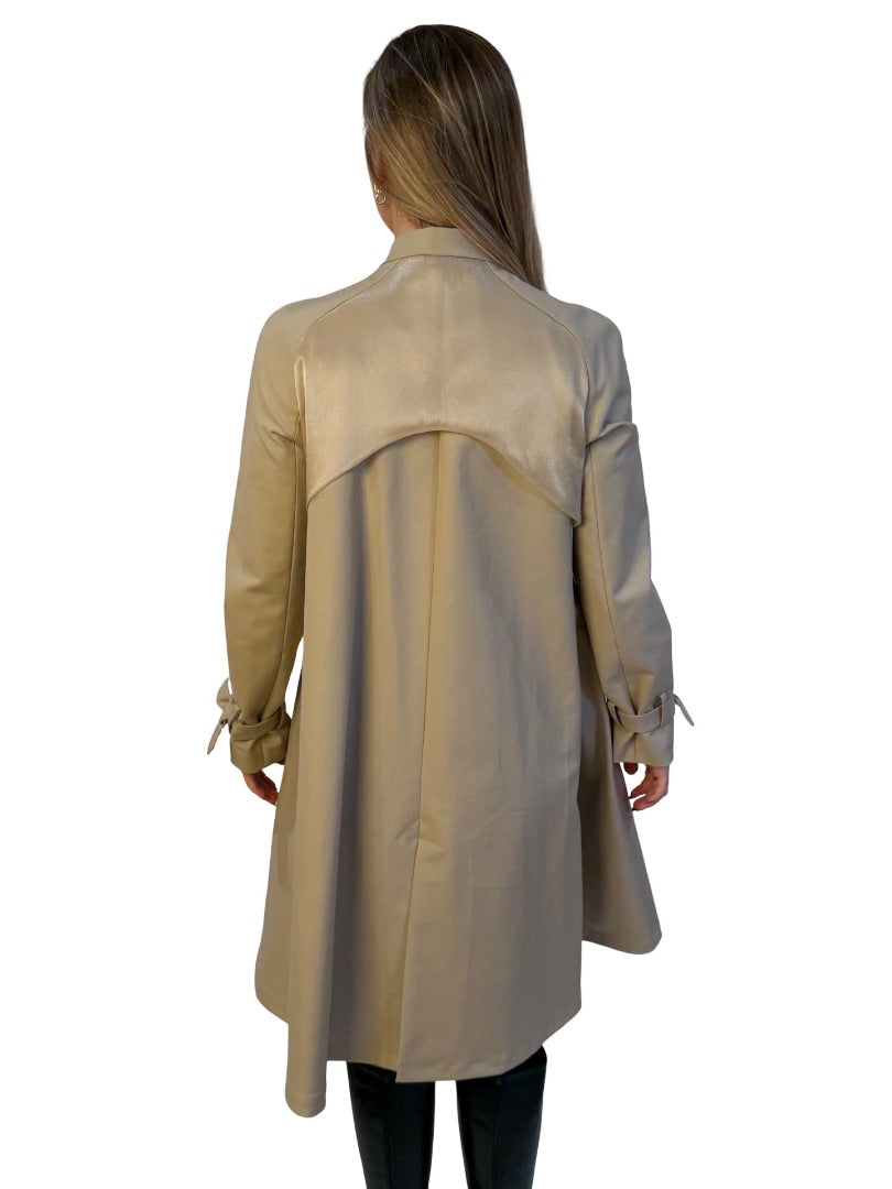 Giorgio Armani Beige Collarless Double Breasted Trench Coat W Sheer Metallic Back Overlay. Size: 44