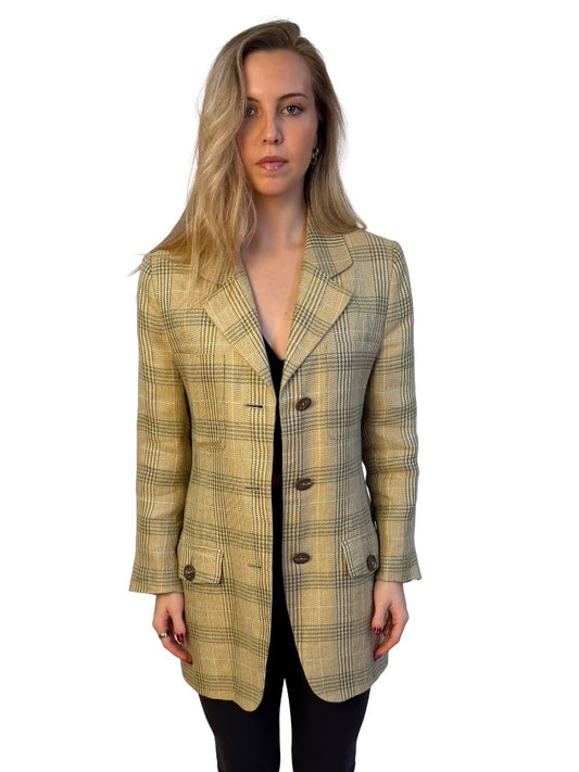 Sonia Bogner Mustard Plaid Linen Blazer. Size: 14
