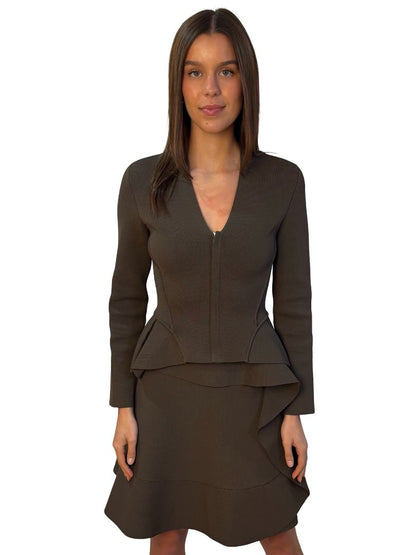Scanlan Theodore Brown Crepe Knit Peplum Jacket & Skirt Set. Size: S