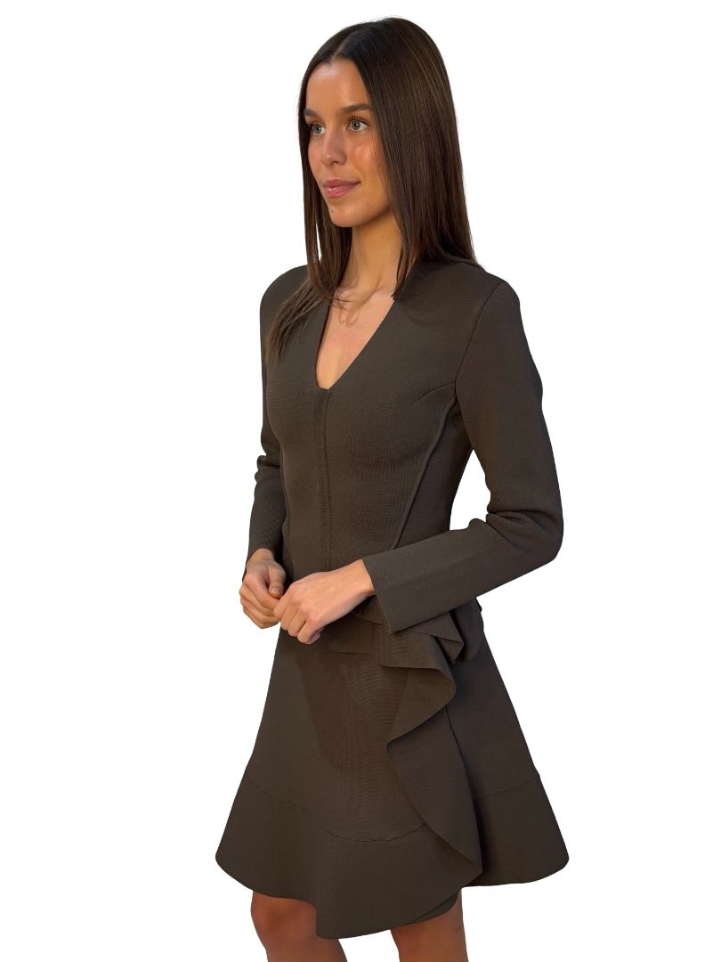 Scanlan Theodore Brown Crepe Knit Peplum Jacket & Skirt Set. Size: S