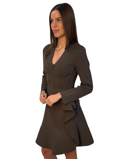 Scanlan Theodore Brown Crepe Knit Peplum Jacket & Skirt Set. Size: S
