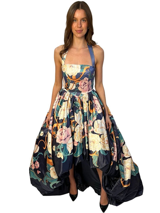 Leo Lin Blue 'Leanna' Gown in Adorn Virtue Print. Size: 8