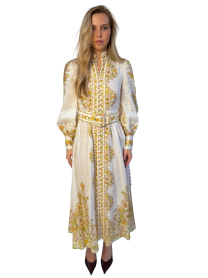 Zimmermann White/Multi 'Super Eight Tubular' Belted Linen Dress. Size: 0