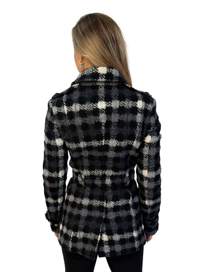 Burberry Black / Grey / White Wool Double Breasted Check Blazer. Size: 6