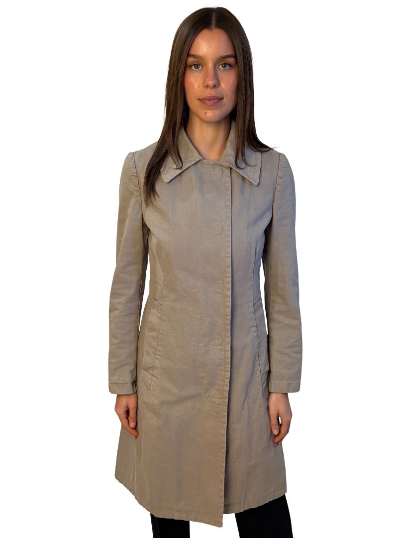 Miu Miu Beige Canvas Snap Button Coat. Size: 40
