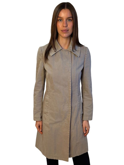 Miu Miu Beige Canvas Snap Button Coat. Size: 40