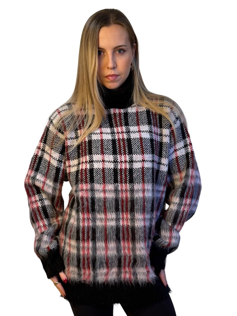 Helmut Lang Black / White / Red Chunky Check Knit Brushed Sweater. Size: L