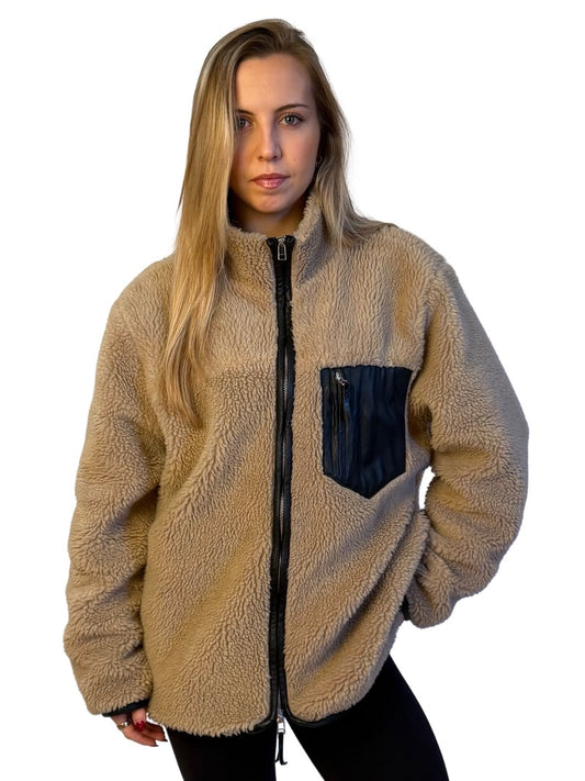 Anine Bing Brown Sherpa Fleece Jacket w/ Leather Trim. Size: L