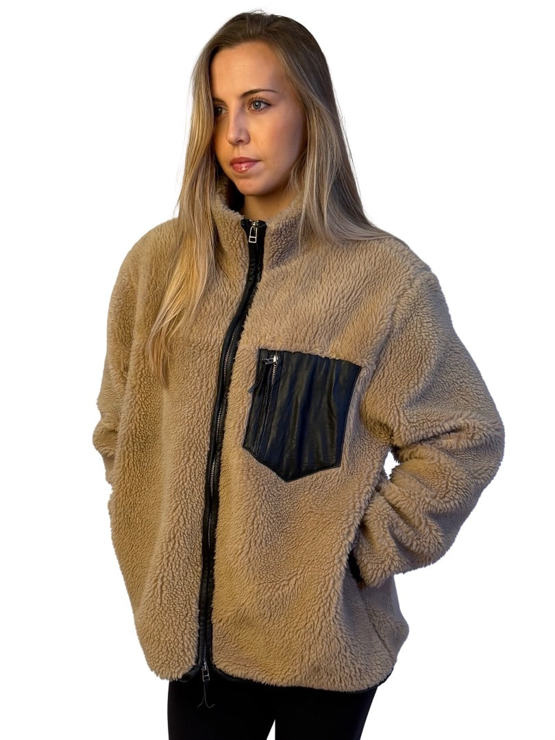Anine Bing Brown Sherpa Fleece Jacket w/ Leather Trim. Size: L