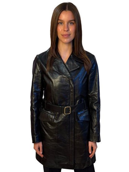 Miu Miu Black Zip Up Belted Leather Coat. Size: 44