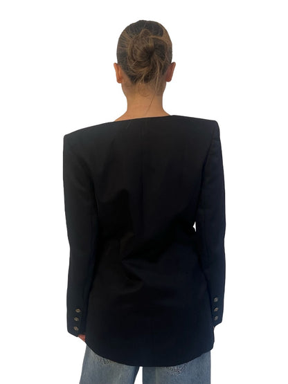 Balmain Black Collarless Wool Blazer. Size: 38