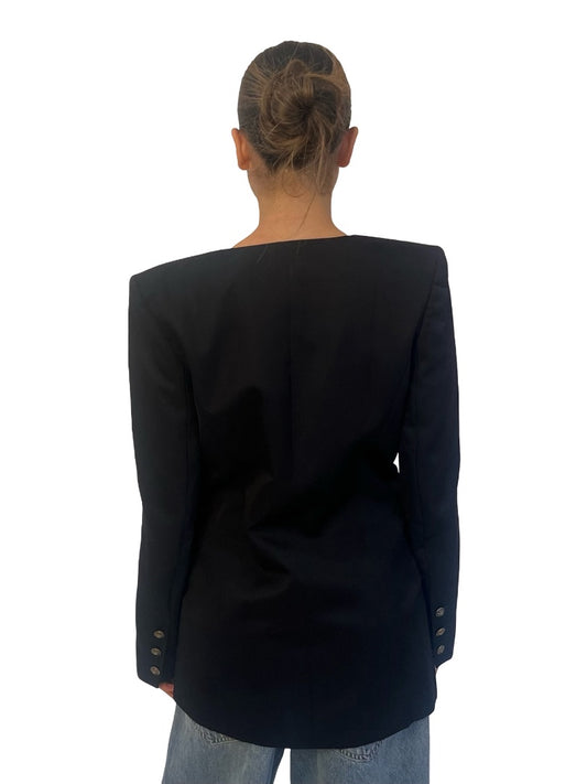 Balmain Black Collarless Wool Blazer. Size: 38