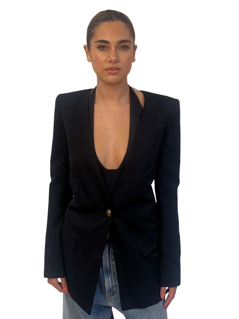 Balmain Black Collarless Wool Blazer. Size: 38