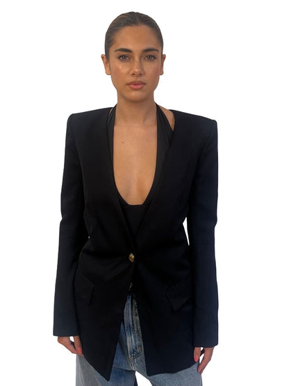 Balmain Black Collarless Wool Blazer. Size: 38