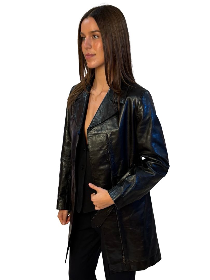 Miu Miu Black Zip Up Belted Leather Coat. Size: 44