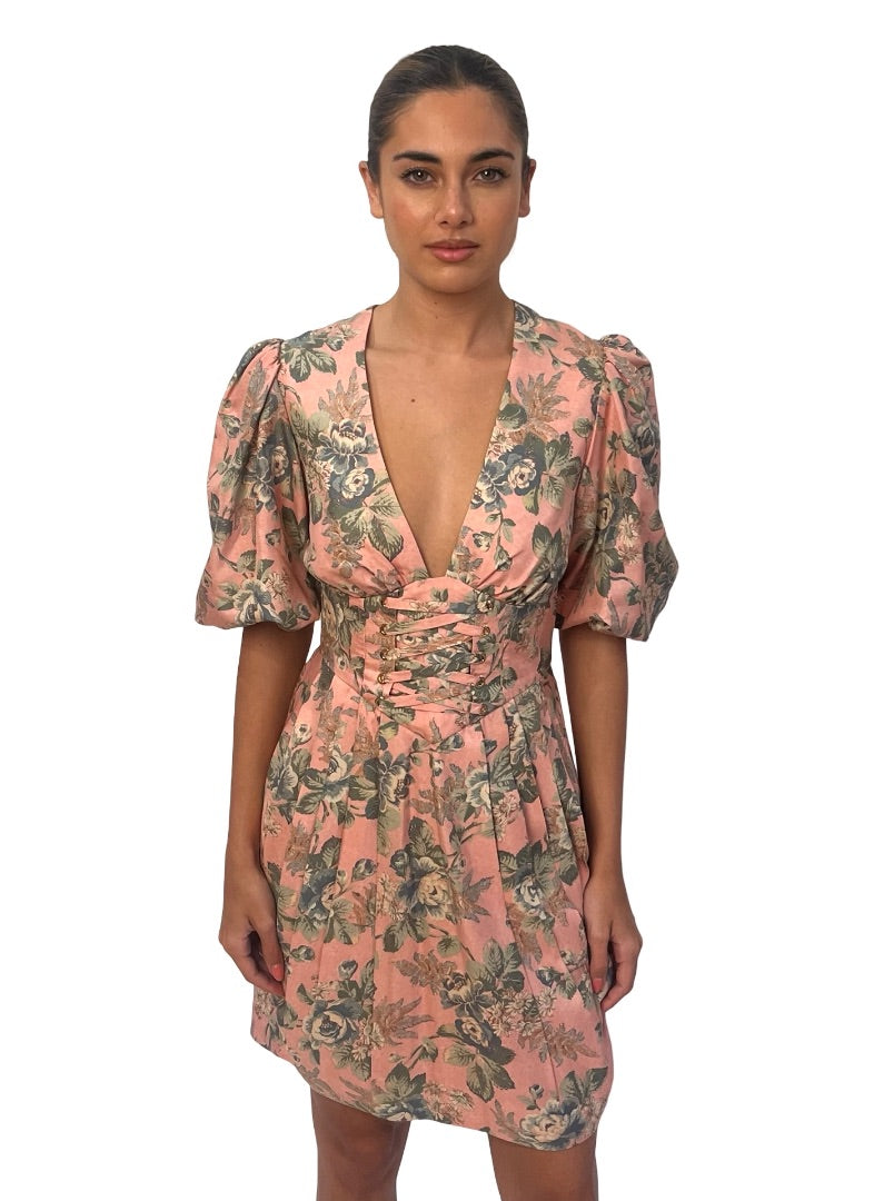 Zimmermann 'Tempest' Pink Floral Lace Up Mini Dress. Size: 8