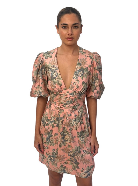 Zimmermann 'Tempest' Pink Floral Lace Up Mini Dress. Size: 8