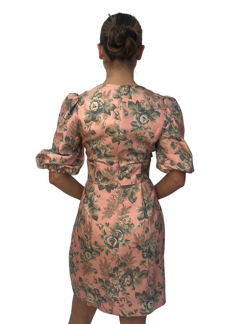 Zimmermann 'Tempest' Pink Floral Lace Up Mini Dress. Size: 8