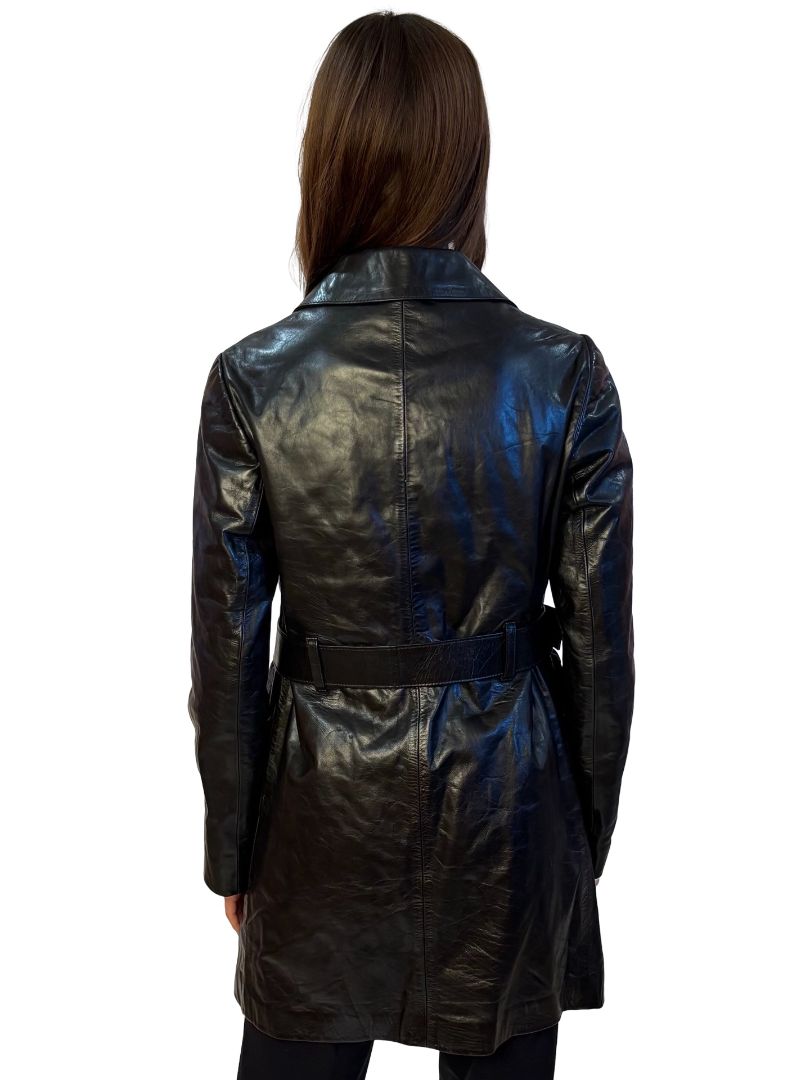 Miu Miu Black Zip Up Belted Leather Coat. Size: 44