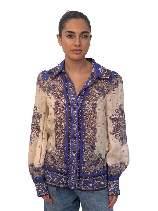 Zimmermann 'Maxine' Purple Paisley Blouson Shirt. Size: 1