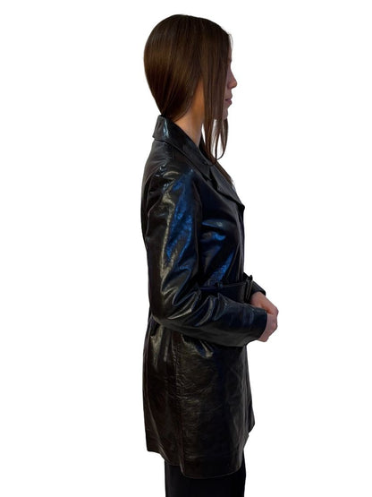 Miu Miu Black Zip Up Belted Leather Coat. Size: 44