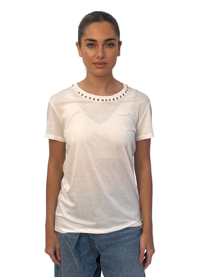 Valentino White Embellished 'Rockstud' Crewneck T-Shirt. Size: M