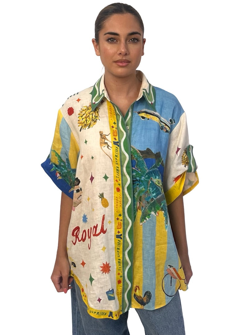 Alemais X Adam Lester Multicolour 'All Aboard' Linen Printed Shirt. Size: 10