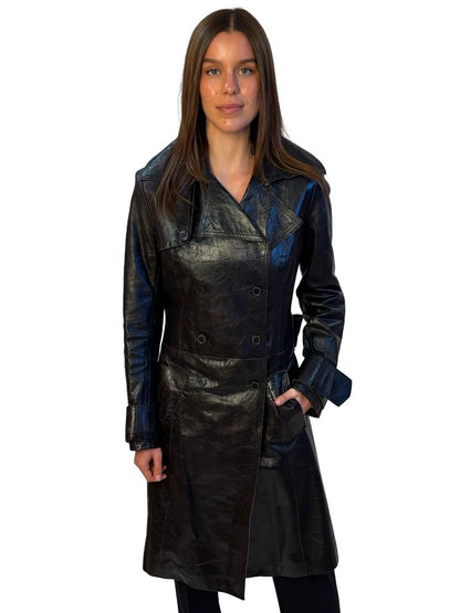 Patrizia Pepe Black Double Breasted Leather Belted Coat. Size: 44