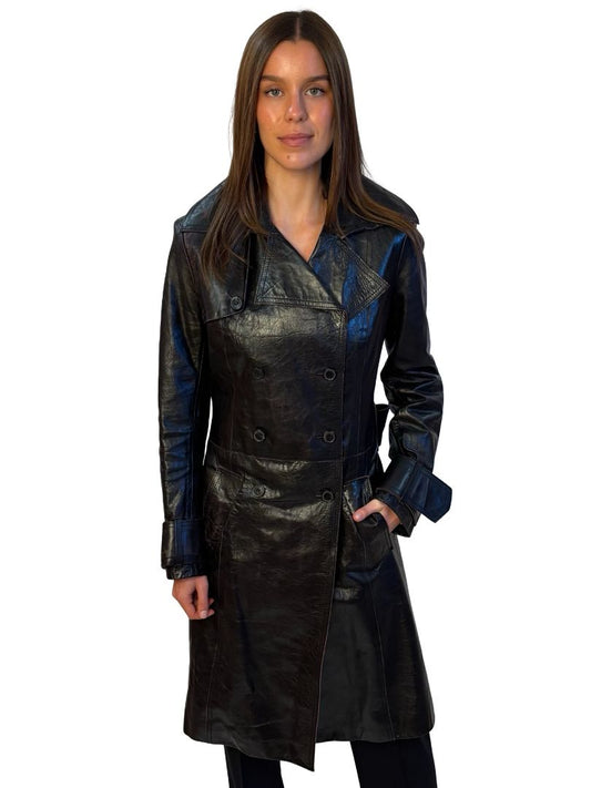 Patrizia Pepe Black Double Breasted Leather Belted Coat. Size: 44