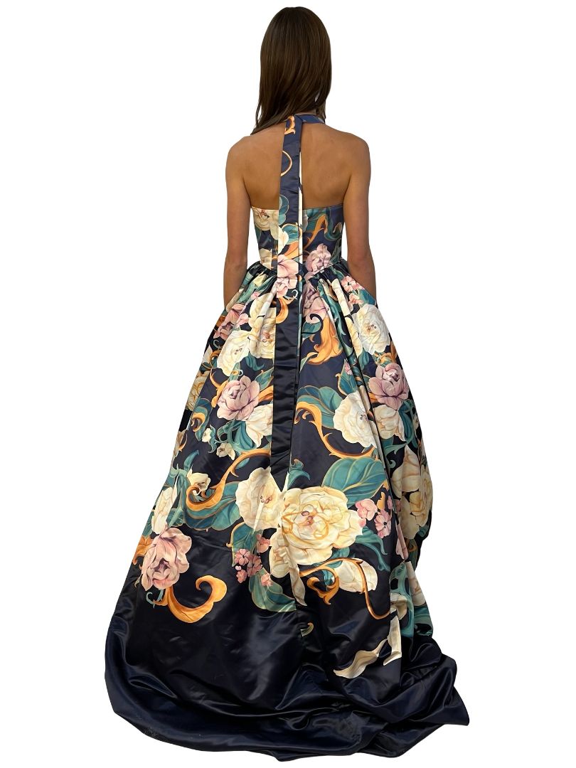 Leo Lin Blue 'Leanna' Gown in Adorn Virtue Print. Size: 8