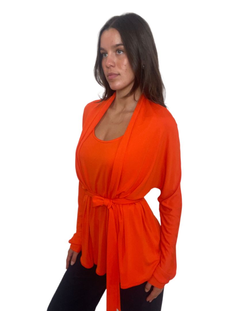 Hermes Orange Singlet w Attached Long Sleeve Cardigan & Belt. Size: 42