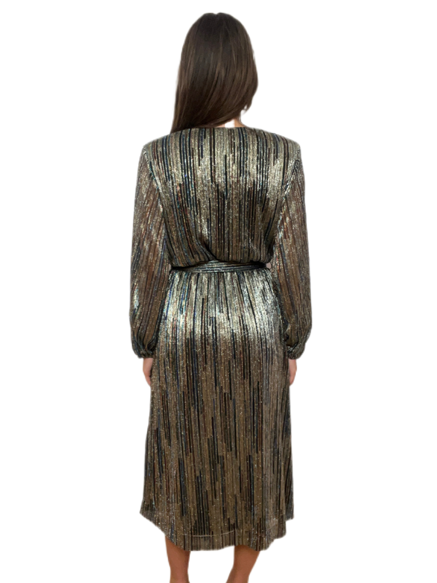 Rebecca Vallance Metallic Stripe Dress with Belt. Size: 12