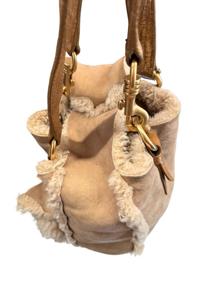 Miu Miu Beige Shearling Reversible Tote Crossbody Bag.