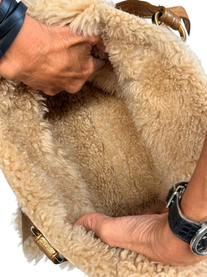 Miu Miu Beige Shearling Reversible Tote Crossbody Bag.