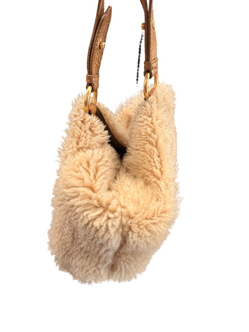 Miu Miu Beige Shearling Reversible Tote Crossbody Bag.