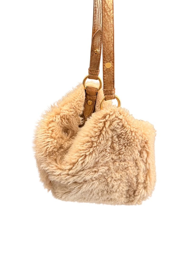 Miu Miu Beige Shearling Reversible Tote Crossbody Bag.