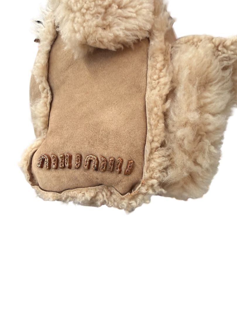 Miu Miu Beige Shearling Reversible Tote Crossbody Bag.